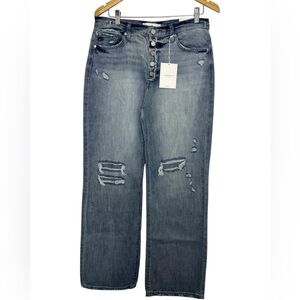 Kancan Chambray Distressed Straight Leg Jeans